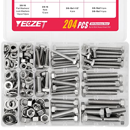 Schroef- en Boutenset Assortimenten | 204 Stuks 1/4″ 5/16″ 3/8″ Zware Hex Bouten en Moeren Assortiment Kit 304 RVS Bevestigingsmiddelen Schroef- en Boutenset Assortimenten