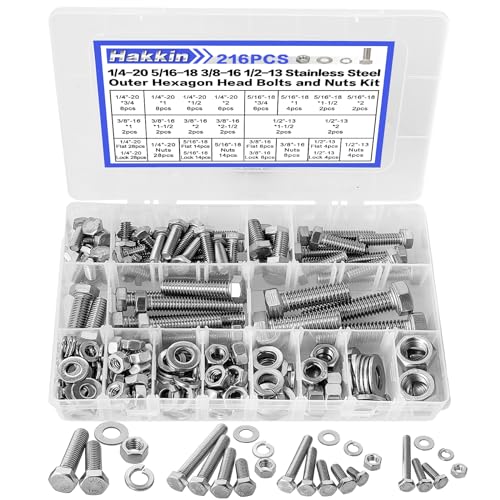 Schroef- en Boutenset Assortimenten | 216-delige Rvs Hex Bouten en Moeren Assortiment Kit, 1/4″ 5/16″ 3/8″ 1/2″ Hex Kop Schroeven Bouten Platte & Vergrendel Veer Ringen, Volledig Gewelfde Machine Schroeven Set met Opbergdoos Bevestigingsmiddelen Schroef- en Boutenset Assortimenten