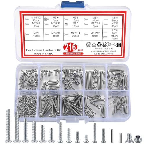 Schroef- en Boutenset Assortimenten | 216 Stuks Button Head Hex Socket Hoofd Bouten en Moeren, RVS Pan Head Machinebouten Moeren Assortiment Kit, Hex Hoofd Schroeven Hardware Kit – 1.5Metaal Spijkers/M1.6/M2/M2.5/M3 Bevestigingsmiddelen Schroef- en Boutenset Assortimenten