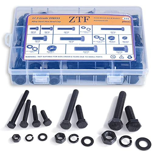 Schroef- en Boutenset Assortimenten | 224 Stuks Metrische M6 M8 M1 Zware Hex Cap Bouten en Moeren Assortiment Kit met Platte & Veer Washers, 12.9 Grade Legering Staal Metrische Volledig Draad Hexagon Inbussleutel Bout, 8 Meest Voorkomende Maten, Din 933 Bevestigingsmiddelen Schroef- en Boutenset Assortimenten