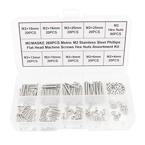 Schroef- en Boutenset Assortimenten | 26-delige M2 RVS Phillips Platte Kop Machine Schroeven en Zeskantmoeren Assortiment Kit Bevestigingsmiddelen Schroef- en Boutenset Assortimenten