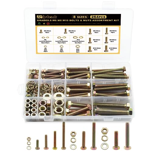 Schroef- en Boutenset Assortimenten | 264 Stuks M6 M8 M10 Zware Bouten en Moeren Assortiment Kit, Kwaliteit 8.8 Metalen Assortiment Zeskant Bouten Moeren Platte Ringen Assortiment Sets Bevestigingsmiddelen Schroef- en Boutenset Assortimenten