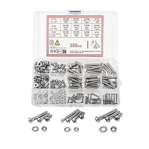 Schroef- en Boutenset Assortimenten | 3 Stuks Bouten met Knopkop, Moeren en Platte Ringen Assortiment Kit, M3/M4/M5 Roestvrijstalen Zeskantkopbouten, Moeren en Bouten met Vergrendelringen Set Bevestigingsmiddelen Schroef- en Boutenset Assortimenten