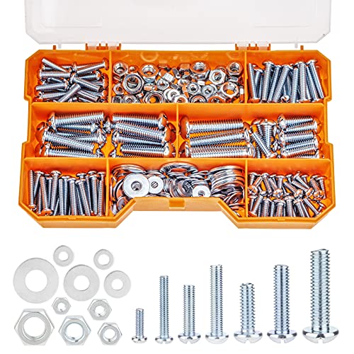 Schroef- en Boutenset Assortimenten | 32 Stuks SAE Machine Schroeven, Bouten, Moeren en Ringetjes Assortiment Kit, Verzinkt, Ronde Kop, Philips & Sleuf, Inclusief 7 Meest Voorkomende Maten Bevestigingsmiddelen Schroef- en Boutenset Assortimenten