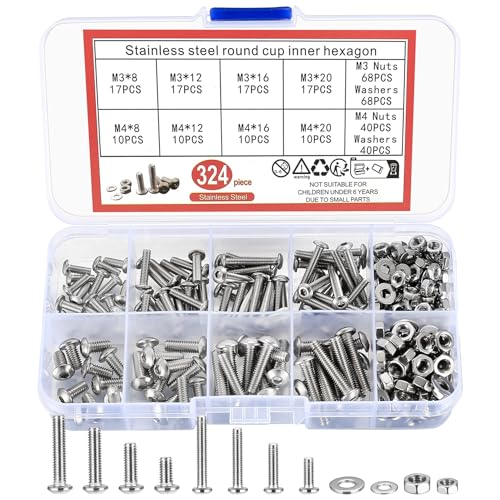 Schroef- en Boutenset Assortimenten | 324 Stuks Metrische Schroeven Assortiment Kit, Metrische Schroeven, Bouten, Moeren en Ringen Set, M3 M4 Zeskantige Knop Schroeven, Moeren en Bouten en Platte Ringen, Zeskantige Inbusmachineschroeven Bevestigingsmiddelen Schroef- en Boutenset Assortimenten