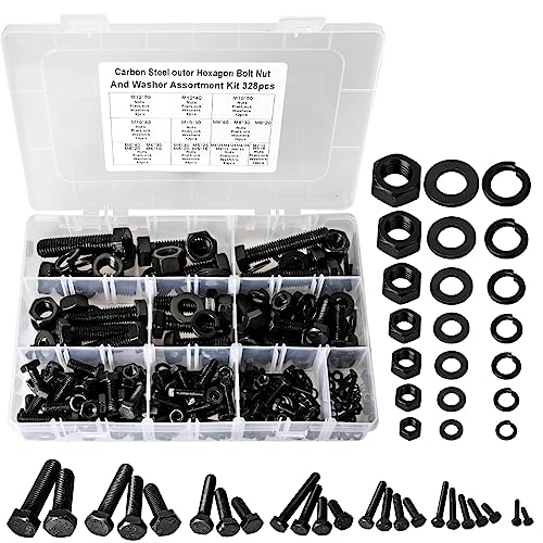 Schroef- en Boutenset Assortimenten | 328 Stuks M3/M4/M5/M6/M8/M10/M12 Metric Bouten Assortiment Kit, Kwaliteit 8.8 Koolstofstaal Zware Platte Zeskant Bouten en Moeren Kit, Moeren Platte Pakking en Veerring Assortiment Kit (Zwart) Bevestigingsmiddelen Schroef- en Boutenset Assortimenten