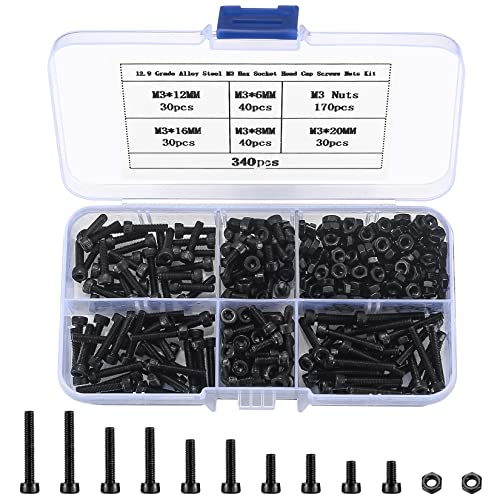 Schroef- en Boutenset Assortimenten | 34 Stuks Hex Socket Hoofd Bouten en Moeren Assortiment Kit, M3 Kleine Zwarte Metrische Legering Staal 3D Printer Doe-Het-Zelf Moeren en Bouten – M3 X 6Mm/8Mm/10Mm/12Mm/16Mm/20Mm Bevestigingsmiddelen Schroef- en Boutenset Assortimenten