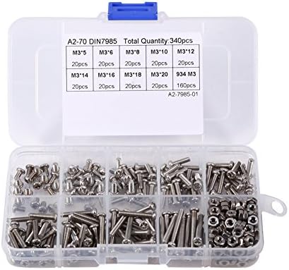 Schroef- en Boutenset Assortimenten | 340 stuks M3 Phillips Pan Head Schroeven Bouten Moeren RVS Assortiment Kit Set Volledige Draad Effen Afwerking Bevestigingsmiddelen Schroef- en Boutenset Assortimenten