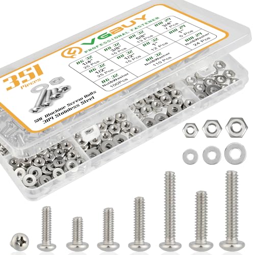 Schroef- en Boutenset Assortimenten | 351-delige assortimentskit voor machinebouten, moeren en schroeven, # 6-32, # 8-32, # 10-24 Phillips panhead, gemengde 304 roestvrijstalen bouten, moeren en vlakke ringen met opbergdoos. Bevestigingsmiddelen Schroef- en Boutenset Assortimenten