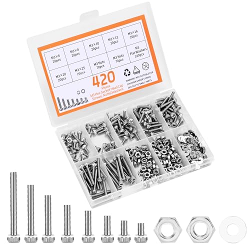 Schroef- en Boutenset Assortimenten | 42-delige M3 Schroefset, Premium M3 Zeskantige Inbusbouten Assortiment met Moeren en Ringen, M3 X 6Mm / 8Mm / 10Mm / 12Mm / 16Mm / 20Mm / 25Mm (Zilver) Bevestigingsmiddelen Schroef- en Boutenset Assortimenten