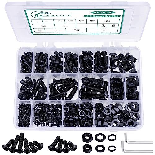 Schroef- en Boutenset Assortimenten | 447 Stuks Metrische Moeren En Bouten Assortiment Kit – M6 M8 Schroeven Assortiment, Assortiment Machine Schroeven Moeren Ringen Met Inbussleutels, Kwaliteit 10.9 Legering Staal Zwarte Oxide Knopkop Inbusbout Set Bevestigingsmiddelen Schroef- en Boutenset Assortimenten