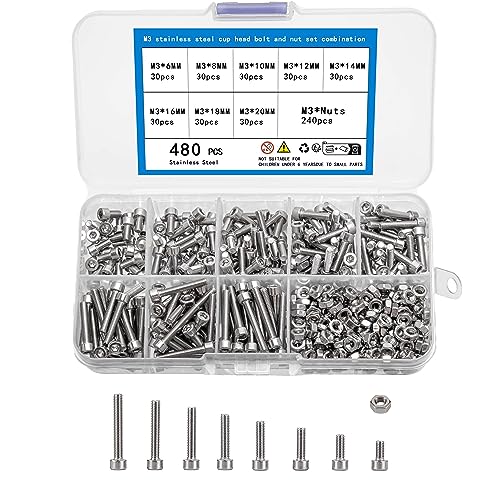 Schroef- en Boutenset Assortimenten | 48-delige metrische boutenassortiment kit, zeskantbouten met verzonken kop, bouten en moeren set, roestvrijstalen machineschroeven, moeren en bouten kit – M3X(6/8/10/12/14/16/18/20) mm Bevestigingsmiddelen Schroef- en Boutenset Assortimenten