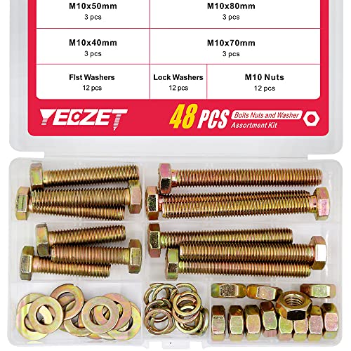 Schroef- en Boutenset Assortimenten | 48 Stuks Grade 8.8 M10 Zeskantige Schroeven Bouten en Moeren Assortiment Kit met Platte en Veer Washers 40Mm 50Mm 70Mm 80Mm Bevestigingsmiddelen Schroef- en Boutenset Assortimenten