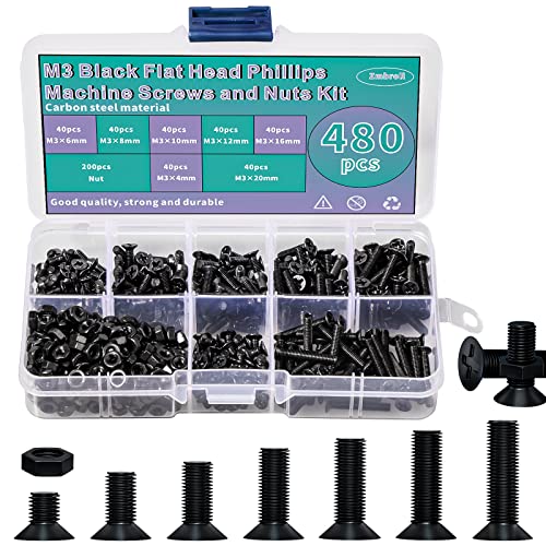 Schroef- en Boutenset Assortimenten | 48 Stuks M3 Platte Kop Machine Schroeven Zwarte Phillips Schroeven Bouten Moeren Assortiment Kit M3 X 4Mm/6Mm/8Mm/10Mm/12Mm/16Mm/20Mm Bevestigingsmiddelen Schroef- en Boutenset Assortimenten