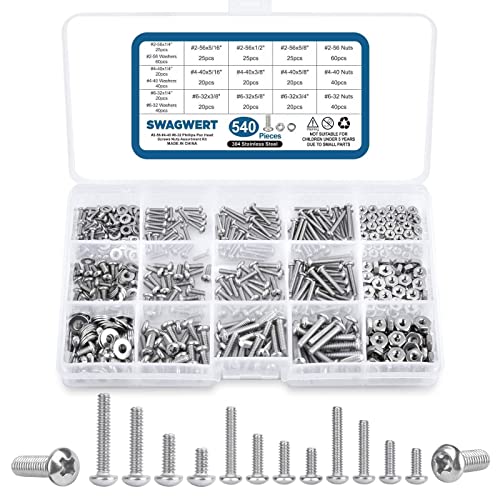 Schroef- en Boutenset Assortimenten | 540 stuks #2-56 #4-40 #6-32 Machine Schroeven Set, Moeren Platte Ringen Pan Hoofd Schroeven Bouten, Kleine 304 RVS Moeren en Bouten Voor Buitenprojecten Door Bevestigingsmiddelen Schroef- en Boutenset Assortimenten