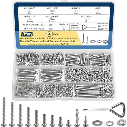 Schroef- en Boutenset Assortimenten | 540 Stuks #8-32 Phillips Pan Head Machine Schrauben Bouten Assortiment Kit Met Moeren, Platte Ringen, Veer Ringen En Schroevendraaier, SAE 304 RVS Assortiment Hardware Ringen En Bouten Sets Bevestigingsmiddelen Schroef- en Boutenset Assortimenten