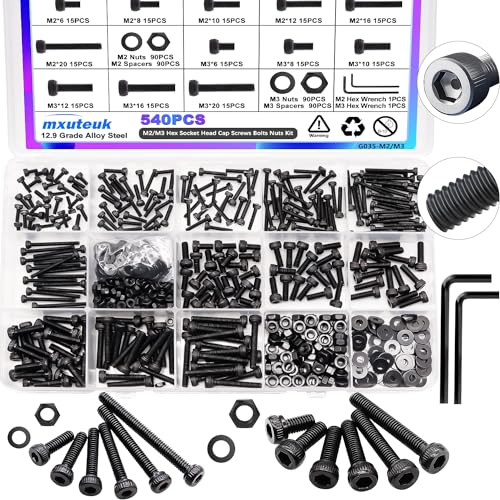 Schroef- en Boutenset Assortimenten | 540 Stuks M2 M3 Metrische Schroeven Assortiment Set Geschikt Voor 3D Printer DIY, Zeskantige Inbus Schroeven Bouten Moeren Kit, 12.9 Graad Legering Staal Zwart Verzinkt Assortiment Schroeven Met Inbussleutel Bevestigingsmiddelen Schroef- en Boutenset Assortimenten