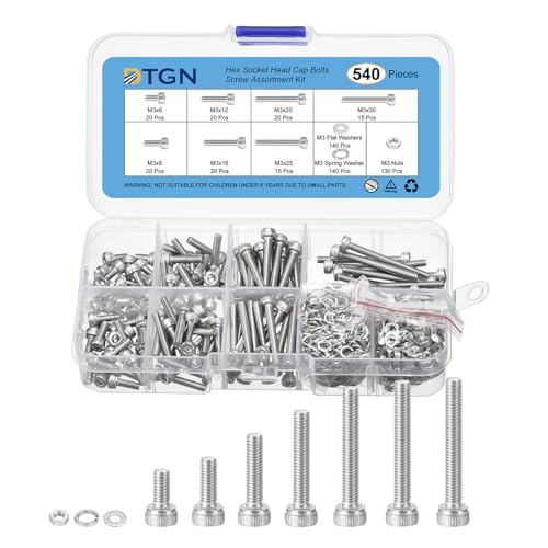 Schroef- en Boutenset Assortimenten | 540 stuks metrische schroeven assortiment, M3 bouten en moeren set, 304 roestvrijstalen M3X6/8/10/12/16/20/25/30 mm zeskant schroefkop bouten set met ring. Bevestigingsmiddelen Schroef- en Boutenset Assortimenten