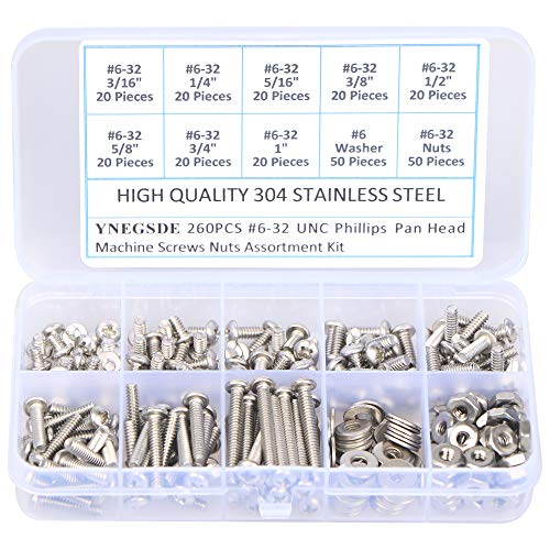 Schroef- en Boutenset Assortimenten | #6-32 Unc Bouten Moeren en Ringenset, 260 Stuks Phillips Pan Head Schroeven Bout Moer Platte Ringen 304 RVS Schroeven Assortiment Kit Bevestigingsmiddelen Schroef- en Boutenset Assortimenten