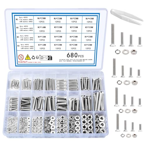 Schroef- en Boutenset Assortimenten | 68-delige schroeven, bouten, moeren en ringen assortimentskit, M3 M4 M5 M6 roestvrijstalen platte kop verzonken inbusbouten, moeren en boutenset Bevestigingsmiddelen Schroef- en Boutenset Assortimenten