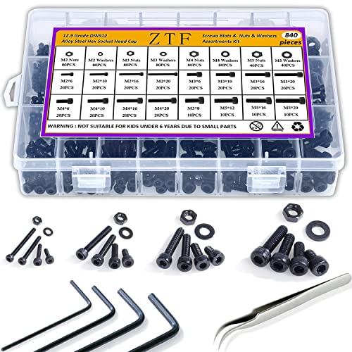 Schroef- en Boutenset Assortimenten | 84 Stuks M2 M3 M4 M5 Zeskantige Inbusbouten en Moeren Assortiment Kit met Opbergdoos, 12.9 Kwaliteit Legeringsstaal Metrische Draad Zeskantige Inbusmachinebout, Din 912 Zwarte Oxide Afwerking, 4 Inbussleutels Inclusief Bevestigingsmiddelen Schroef- en Boutenset Assortimenten