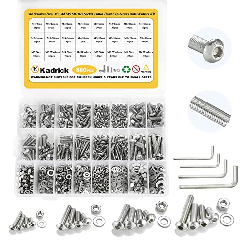 Schroef- en Boutenset Assortimenten | 880 Stuks Metrische Schroeven Assortiment M6 M5 M4 M3,6Mm-30Mm RVS Zeskant Inbus Knopkopbouten Moeren Ringetjes Set Met 4 Inbussleutels Bevestigingsmiddelen Schroef- en Boutenset Assortimenten