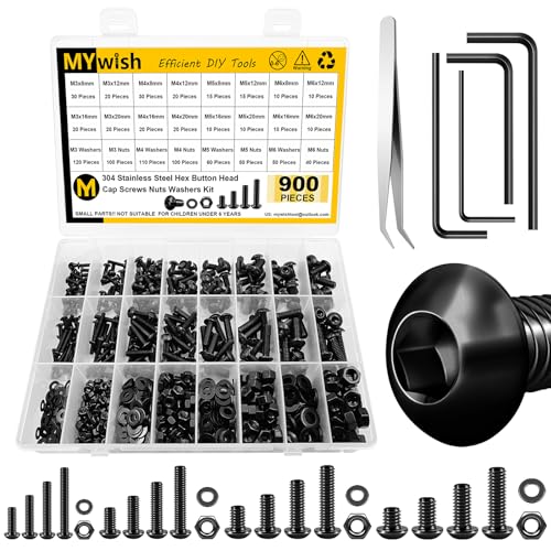 Schroef- en Boutenset Assortimenten | 9-delige metrische schroeven assortiment kit, M3 M4 M5 M6 bouten moeren & vlakke ringen, klasse 1.9 legering staal hexagonale inbusbouten, sleutels, volledig geschroefd, zwarte machine schroeven assortiment kit Bevestigingsmiddelen Schroef- en Boutenset Assortimenten