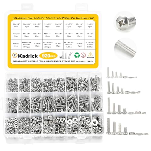 Schroef- en Boutenset Assortimenten | 920-delige Machine Schroeven Assortiment, #4-40 #6-32 #8-32 #10-24 Assorted Phillips Pan Head SAE Schroeven, Moeren & Ringen Set, 304 RVS Bouten en Moeren Kit Bevestigingsmiddelen Schroef- en Boutenset Assortimenten