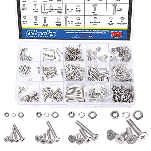 Schroef- en Boutenset Assortimenten | Glarks 768 Stuks M2 M2.5 M3 M4 Platte Phillips Kop Machine Schroeven Bouten Met Zeskantmoeren En Platte Ringen Veerring Assortiment Kit, 34 Roestvrij Staal Bevestigingsmiddelen Schroef- en Boutenset Assortimenten