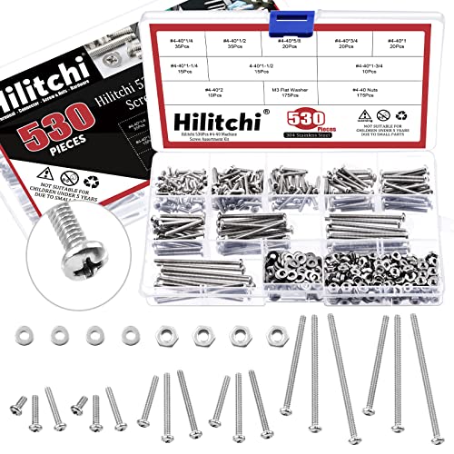 Schroef- en Boutenset Assortimenten | Hilitchi 53-delige #4-4 Machine Schroeven Assortiment Kit, 34 RVS Phillips Pan Head Schroeven, Bouten, Moeren en M3 Platte Ringen Assortiment Kit met Opbergdoos Bevestigingsmiddelen Schroef- en Boutenset Assortimenten