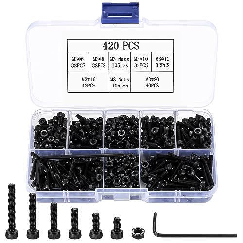 Schroef- en Boutenset Assortimenten | M3 Metric Schroeven Assortiment Kit, 42 Stuks Zeskant Inbuskop Schroeven, Bouten en Moeren Set, Zwarte Machineschroeven, Moeren en Bouten Kit Voor 3D Printer, Metrische Inbussleutel, M3 (6/8/10/12/16/20) Mm Bevestigingsmiddelen Schroef- en Boutenset Assortimenten