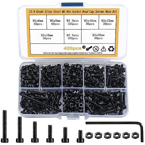 Schroef- en Boutenset Assortimenten | M3 Schroeven en Moeren, 42 Stuks M3 Zeskant Inbus Schroeven met Moeren Set, Zwarte M3 Bouten en Moeren Kit, Metrische Schroeven Assortiment Kit voor Thuis Industrie 3D Printer Moeren en Bouten Bevestigingsmiddelen Schroef- en Boutenset Assortimenten