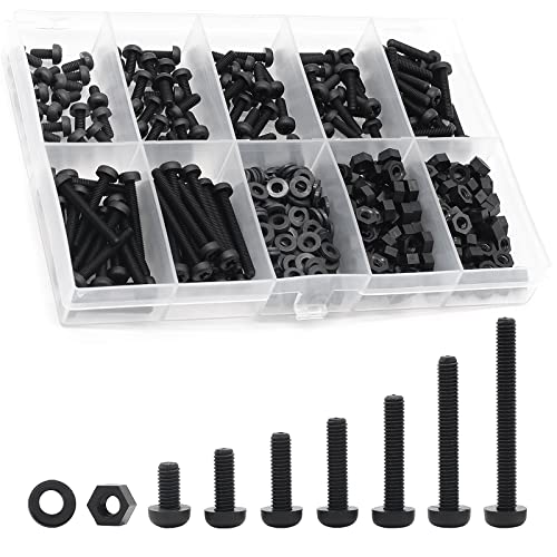 Schroef- en Boutenset Assortimenten | M3 Zwarte Nylon Kunststof Pan Ronde Hoofd Schroeven, Moeren Bouten, Pakking Assortiment Kit (Metrisch M3: 6Mm 8Mm 10Mm 12Mm 15Mm 20Mm 25Mm) Bevestigingsmiddelen Schroef- en Boutenset Assortimenten