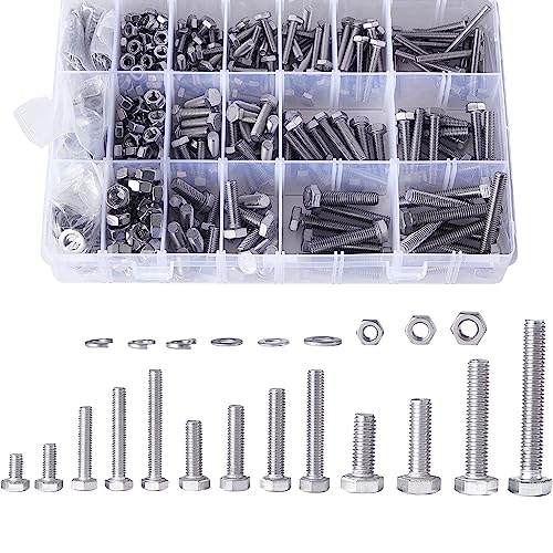 Schroef- en Boutenset Assortimenten | M4 M5 M6 Hex Kop Bouten Schroeven, Moeren, Platte & Veer Ringen Assortiment Kit, RVS 304, Volledig Gewikkeld, Glanzende Afwerking, Inclusief 13 Meest Voorkomende Maten 640 Stuks Bevestigingsmiddelen Schroef- en Boutenset Assortimenten