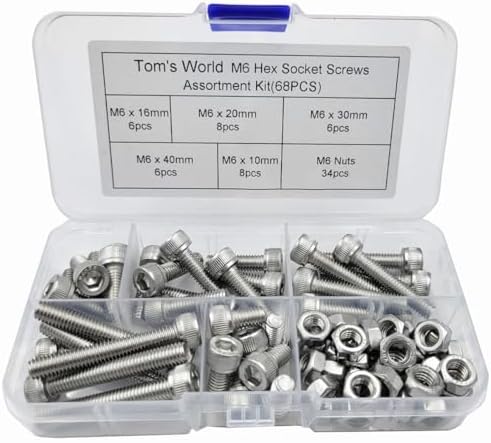 Schroef- en Boutenset Assortimenten | M6 Hex Socket Hoofd Bouten Moeren Schroeven Assortiment Set 34 RVS Allen Steekkop Machine Schroeven (M6 Assortiment Kit) Bevestigingsmiddelen Schroef- en Boutenset Assortimenten