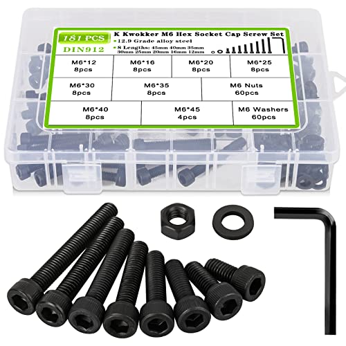 Schroef- en Boutenset Assortimenten | M6 Schroeven Assortiment 8 Lengtes van 12Mm tot 45Mm, Zeskantige Inbuskop Bouten en Moeren Set, 12.9 Legering Staal Metrische Machineschroeven en Moeren, Ringetjes, 12/16/20/25/30/35/40/45Mm Bevestigingsmiddelen Schroef- en Boutenset Assortimenten