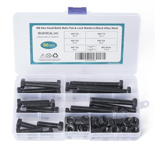 Schroef- en Boutenset Assortimenten | M8 X 30Mm 40Mm 50Mm 60Mm 70Mm Zeskantbouten, Schroeven, Moeren, Platte en Veer Washers, 8.8 Klasse Legeringstaal, Volledig Gewinde Machine, Zwarte Oxide Afwerking, Assortiment Kit 80 Stuks Bevestigingsmiddelen Schroef- en Boutenset Assortimenten