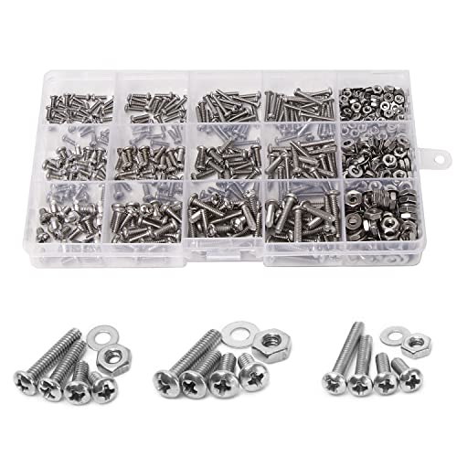 Schroef- en Boutenset Assortimenten | Machine Moeren, Bouten en Ringetjes Assortiment Kit, #2-56 #4-4 #6-32 Phillips Pan Head Roestvrijstalen Schroeven, Bouten en Platte Ringetjes Assortiment Sets met Koffer Bevestigingsmiddelen Schroef- en Boutenset Assortimenten