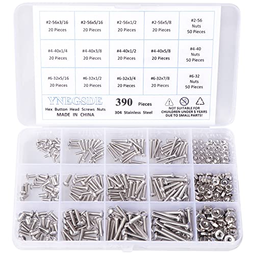 Schroef- en Boutenset Assortimenten | Machine Schroef Assortiment Kit #2-56/ #4-40/ #6-32 Unc Knopkop Bouten Moeren 304 RVS Moeren En Bouten Assortiment Kit, Volledige Draad, Allen Inbus Aandrijving, 390 Stukken Bevestigingsmiddelen Schroef- en Boutenset Assortimenten