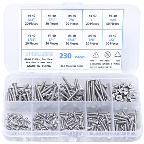 Schroef- en Boutenset Assortimenten | Machine Schroeven Assortiment Kit 4-40 Phillips Pan Head Moeren en Bouten Assortiment Kit Roestvrij Staal Assorted Schroeven Moeren en Bouten, Volledig Machine Draad – 230 Stuks Bevestigingsmiddelen Schroef- en Boutenset Assortimenten