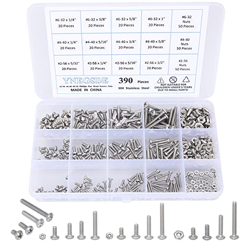 Schroef- en Boutenset Assortimenten | Machine Schroeven Assortiment Kit #6-32 / #4-40 / #2-56 Phillips Pan Hoofd Moeren en Bouten Assortiment Kit, 304 Roestvrijstalen Machine Schroeven, Volledig Machinaal Gewikkeld – 390 Stuks Bevestigingsmiddelen Schroef- en Boutenset Assortimenten