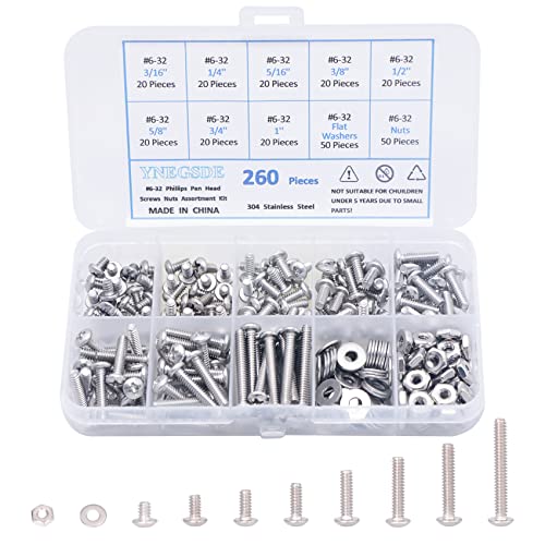 Schroef- en Boutenset Assortimenten | Machine Schroeven Assortiment Kit 6-32 Phillips Pan Head Assorted Bouten Moeren En Ringen Kit RVS Moeren En Bouten Assortiment Kit Met Doos, Verpakking Van 260 Bevestigingsmiddelen Schroef- en Boutenset Assortimenten