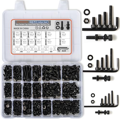 Schroef- en Boutenset Assortimenten | Metric Hex Socketkopbouten Assortiment Kit, M3 M4 M5 Metric Schroeven Assortiment Set, 840 Stuks Metric Machineschroeven Moeren Ringen Kit, Kwaliteit 12.9 Legeringsstaal Metric Bouten en Moeren Assortiment Bevestigingsmiddelen Schroef- en Boutenset Assortimenten