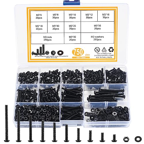 Schroef- en Boutenset Assortimenten | Metric Moeren en Bouten Assortiment Kit, 75 Stuks M3 Knopkop Zeskant Inbusbouten, Moeren en Platte Ringen Set, Zwarte Allen Zeskant Aandrijving, Volledig Gewikkeld, 1.9 Kwaliteitsstaal Bevestigingsmiddelen Schroef- en Boutenset Assortimenten