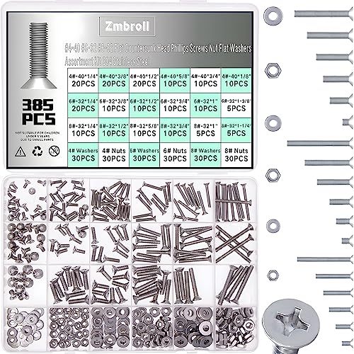 Schroef- en Boutenset Assortimenten | Platte Kop Machine Schroeven #4-4#6-32#8-32 RVS Moeren Bouten Ringetjes Assortiment Kit Phillips Bevestigingsmiddelen Platte Verzinkte Elektriciens Schroeven Moeren Kit Kleine Schroeven Montage Schroeven Bevestigingsmiddelen Schroef- en Boutenset Assortimenten