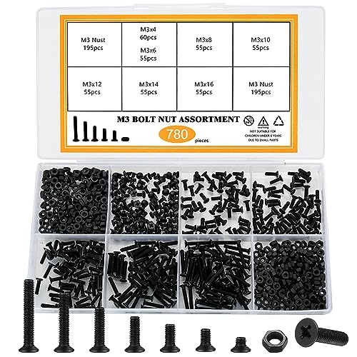 Schroef- en Boutenset Assortimenten | Verzonken Phillips-schroeven en zeskantmoeren assortiment kit, 78 stuks platte kop machine schroeven, bouten en moeren set, M3 x 4mm/6mm/8mm/10mm/12mm/16mm/20mm, zwart (A) Bevestigingsmiddelen Schroef- en Boutenset Assortimenten