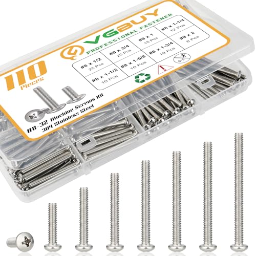 Schroeven | 110-delige Machine Schroeven Assortiment Kit, Assortiment van 1/2 tot 2 Inch Lange # 8-32 Machine Schroeven, 304 RVS Phillips Pan Head Schroeven Bouten voor Elektrische Wandcontactdozen, Huishoudelijke Reparaties Bevestigingsmiddelen Schroeven