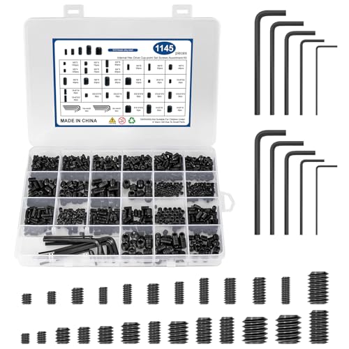 Schroeven | 1145 Stuks 25 Maten Metrische & SAE Set Schroeven Assortiment Kit, 12.9 Klasse Legeringsstaal Interne Zeskant Aandrijving Cup-Punt Set Schroeven Assortiment Kit Met 10 Zeskant Sleutels, M3 Tot M8 En 1/8-40 Tot 5/16-18 Bevestigingsmiddelen Schroeven