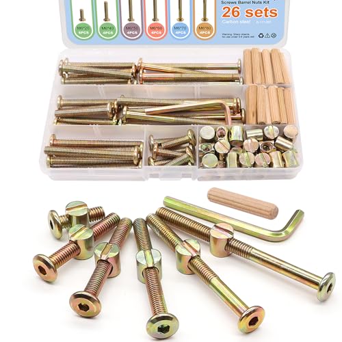 Schroeven | 26-delige set vervangingshardware voor wiegschroeven – Babybedframe-bouten M6X20/40/50/60/70/80 mm – Barrelmoeren – Houten deuvelpennen – Zeskant-aandrijving – Socket-kapschroeven kit voor bedden, stoelen en meubels Bevestigingsmiddelen Schroeven