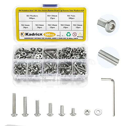 Schroeven | 300 Stuks M4 Schroeven Assortiment Knopkop Inbusschroeven, M4X6Mm, 8Mm, 10Mm, 12Mm, 16Mm, 20Mm RVS Metrische Bouten Moeren Ringen Set Met 1 Inbussleutel Bevestigingsmiddelen Schroeven